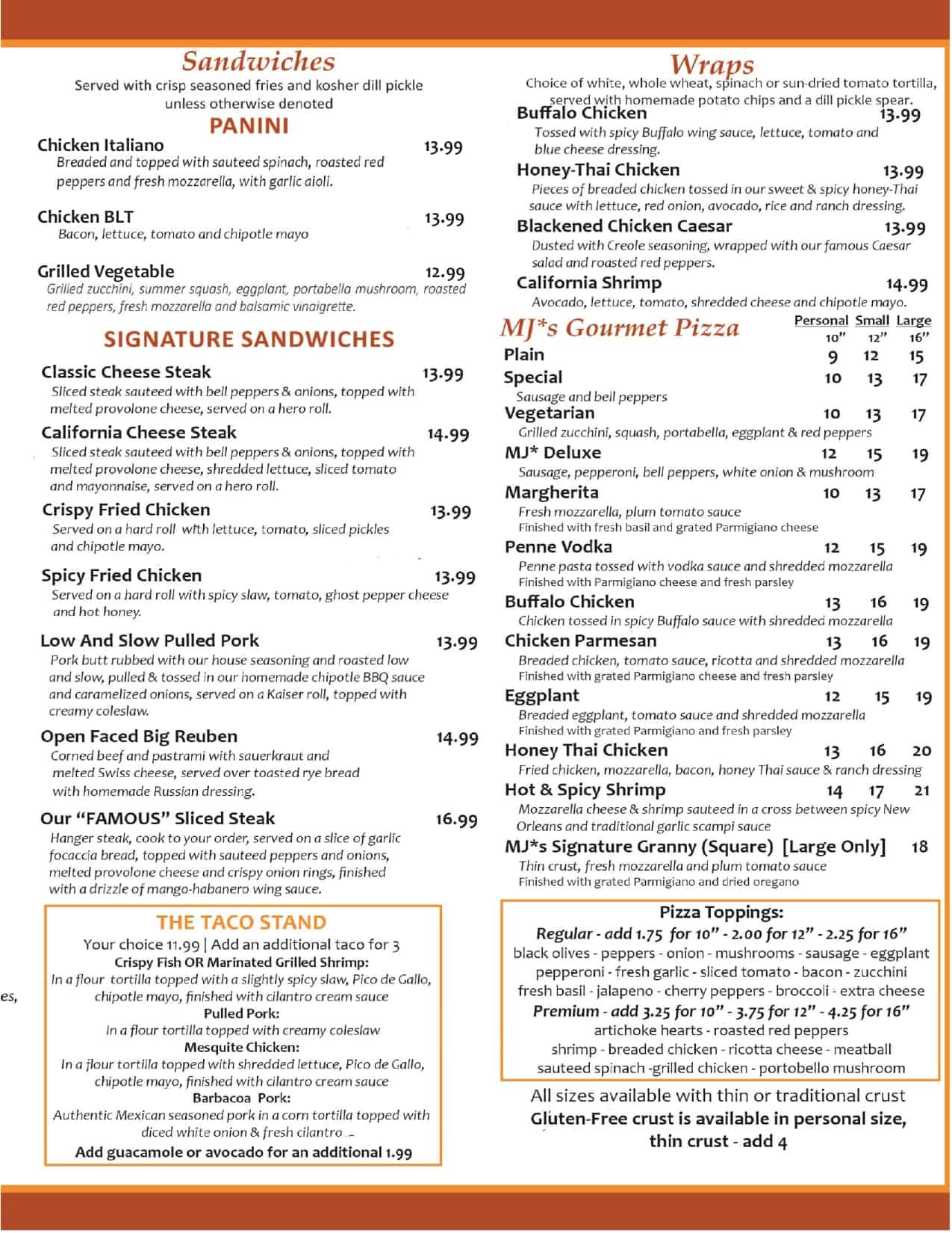 Menu Mj’s Restaurant